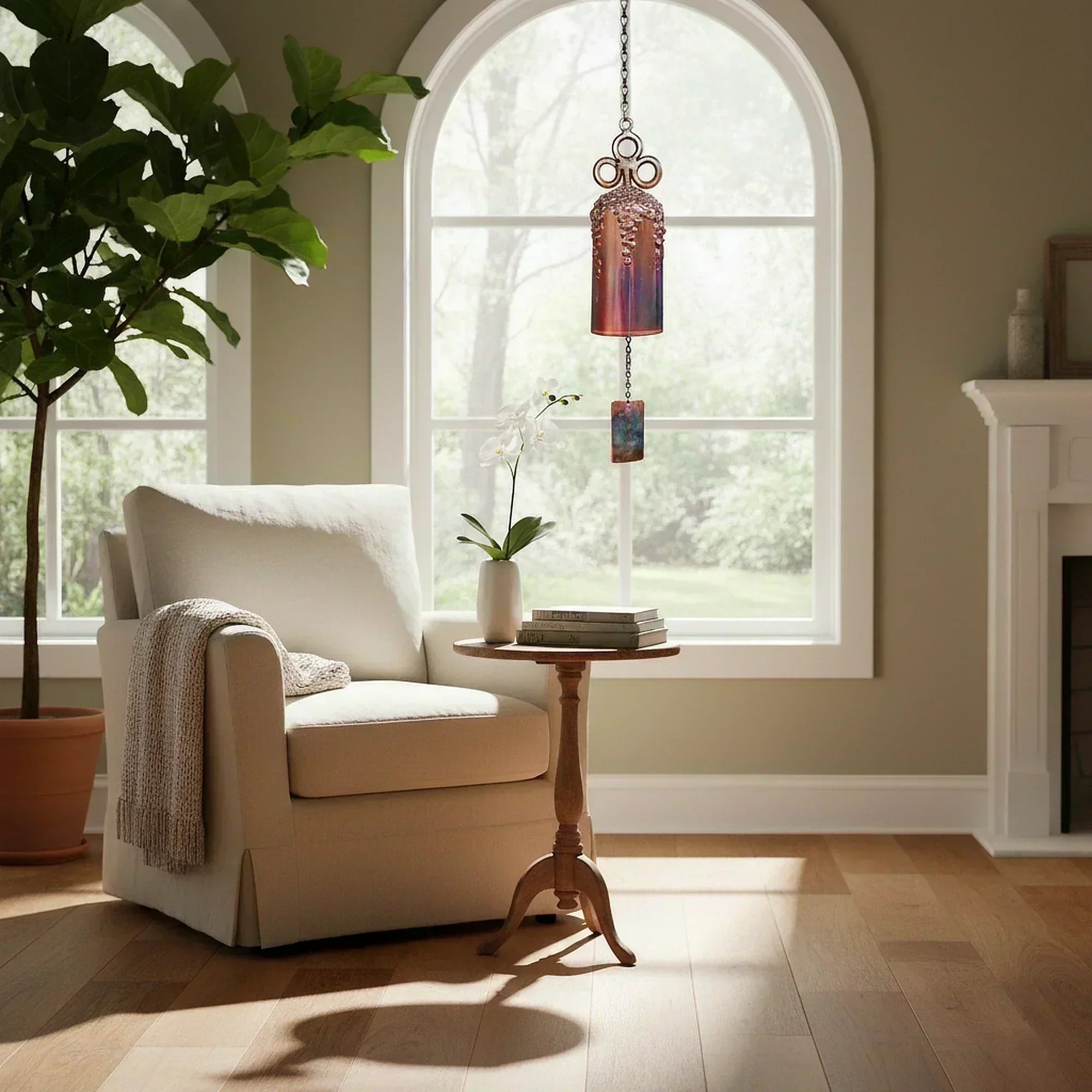 A Lago Luna Mission windbell, in the style of Martha Stewart, is suspended in a bright, tranquil reading nook indoors.