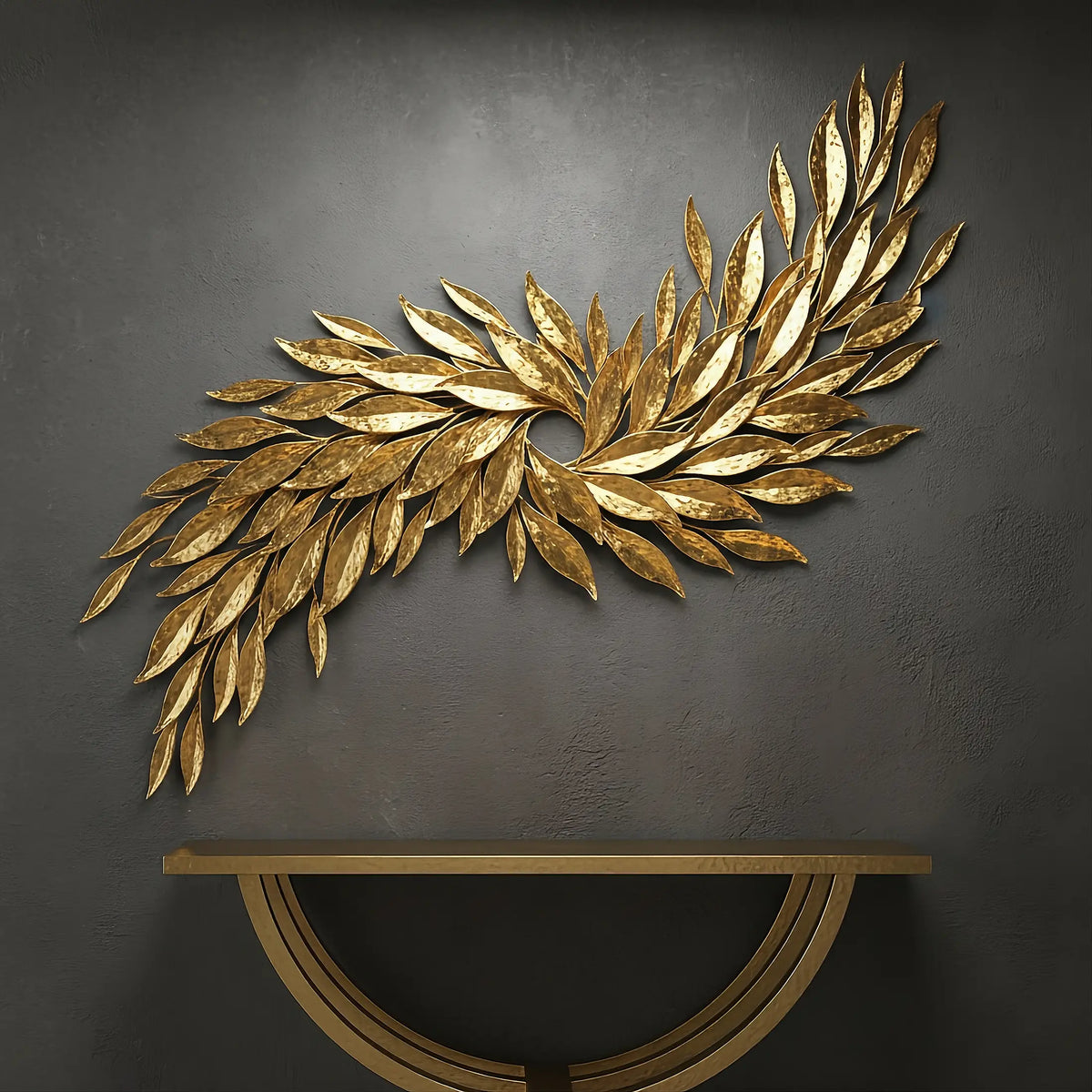 Golden Fiesta. A gold tobacco leaf metal wall sculpture on a dark gray wall with a wooden console table below.