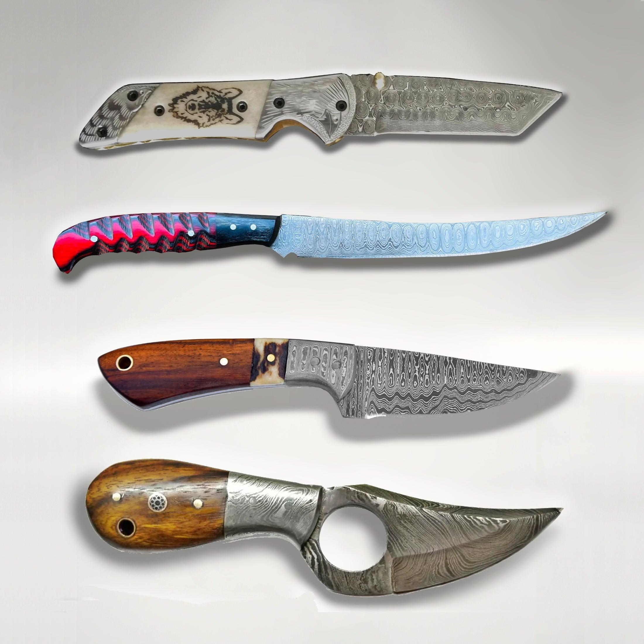 Hand-forged Damascus steel knife collection from Lago Luna, featuring various styles including chef, hunting, fillet, and folding knives with unique, layered wood and bone handles.