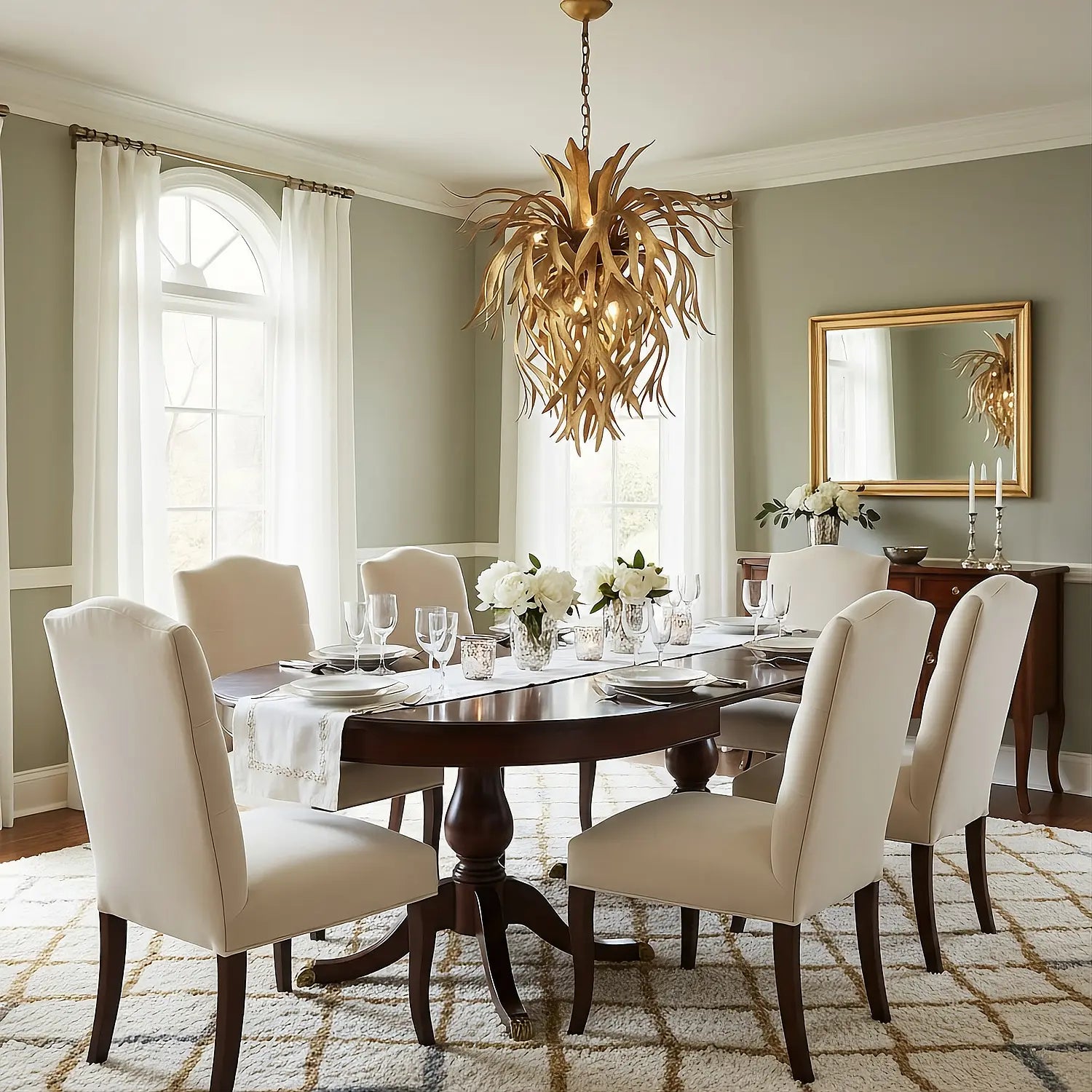 Platycerium. A large, sculptural chandelier made of hand-forged metal shaped like staghorn fern fronds, hanging from a chain in a luxurious dining room.