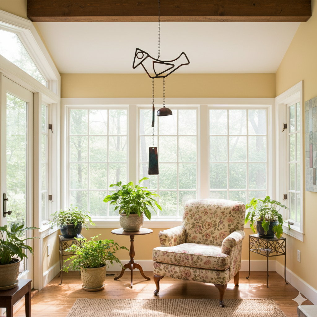 Sunroom featuring the Birdsong Windchime from Lago Luna Originals.