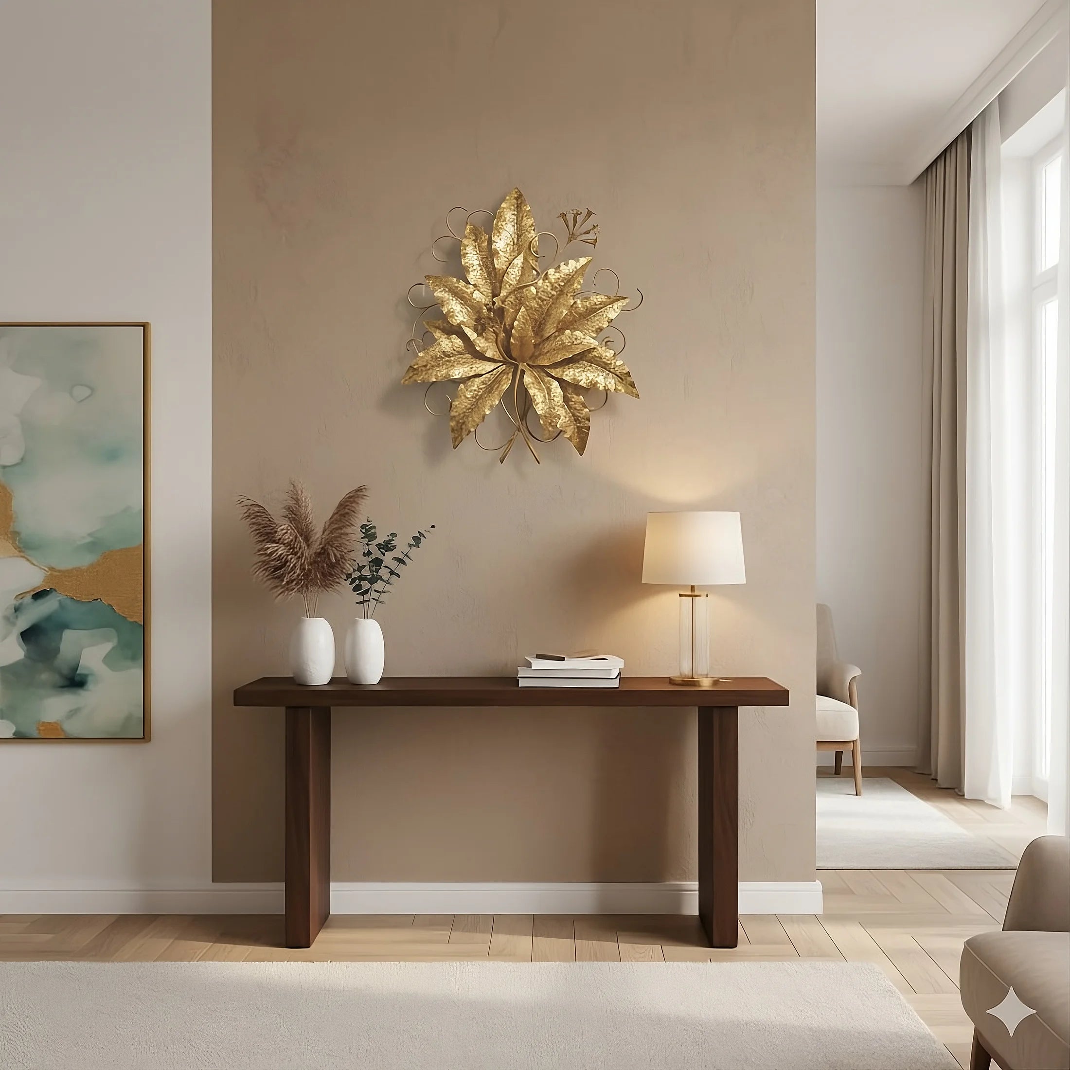 Modern interior design with a gold wall art piece, wooden console table, and abstract painting.