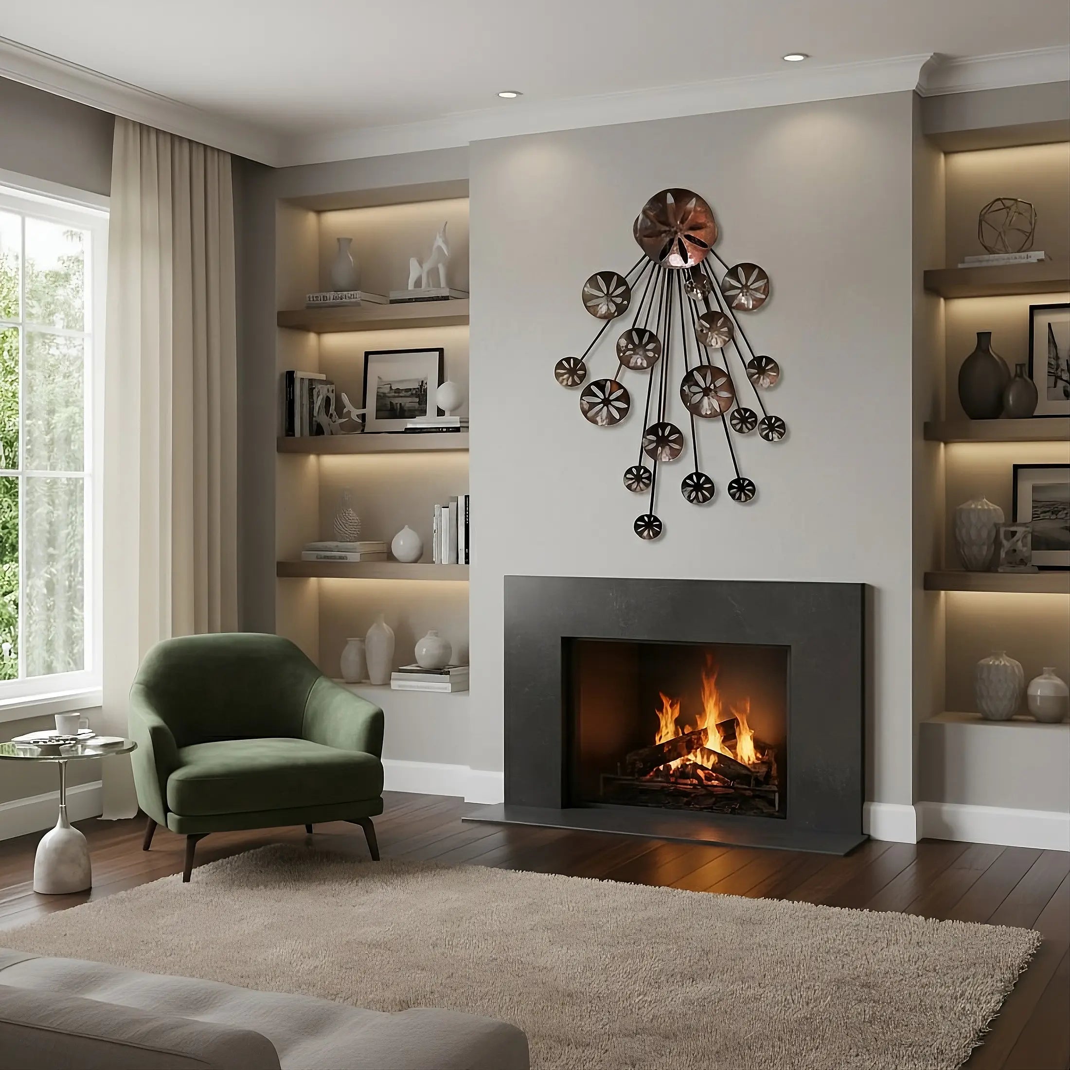 Large, abstract metal wall sculpture titled "Ocean Bounty" mounted above a white marble fireplace. The sculpture has a dynamic, starburst design with circular elements finished in a multi-toned copper and torched-copper patina. The artwork is the focal point in an elegant living room, flanked by tall built-in shelves illuminated with soft lighting.