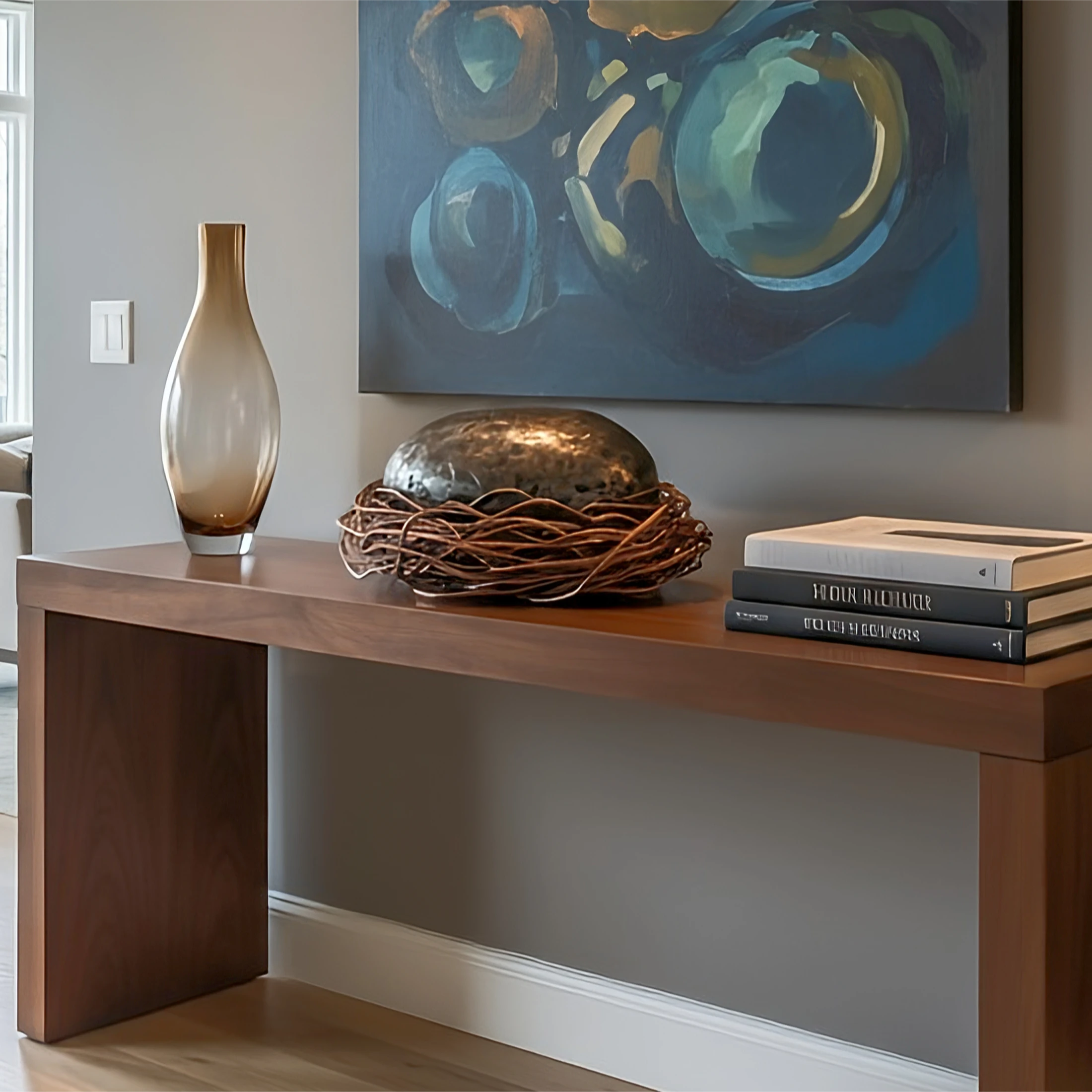 The Egg. A metal sculpture composed of steel and copper displayed in a home.
