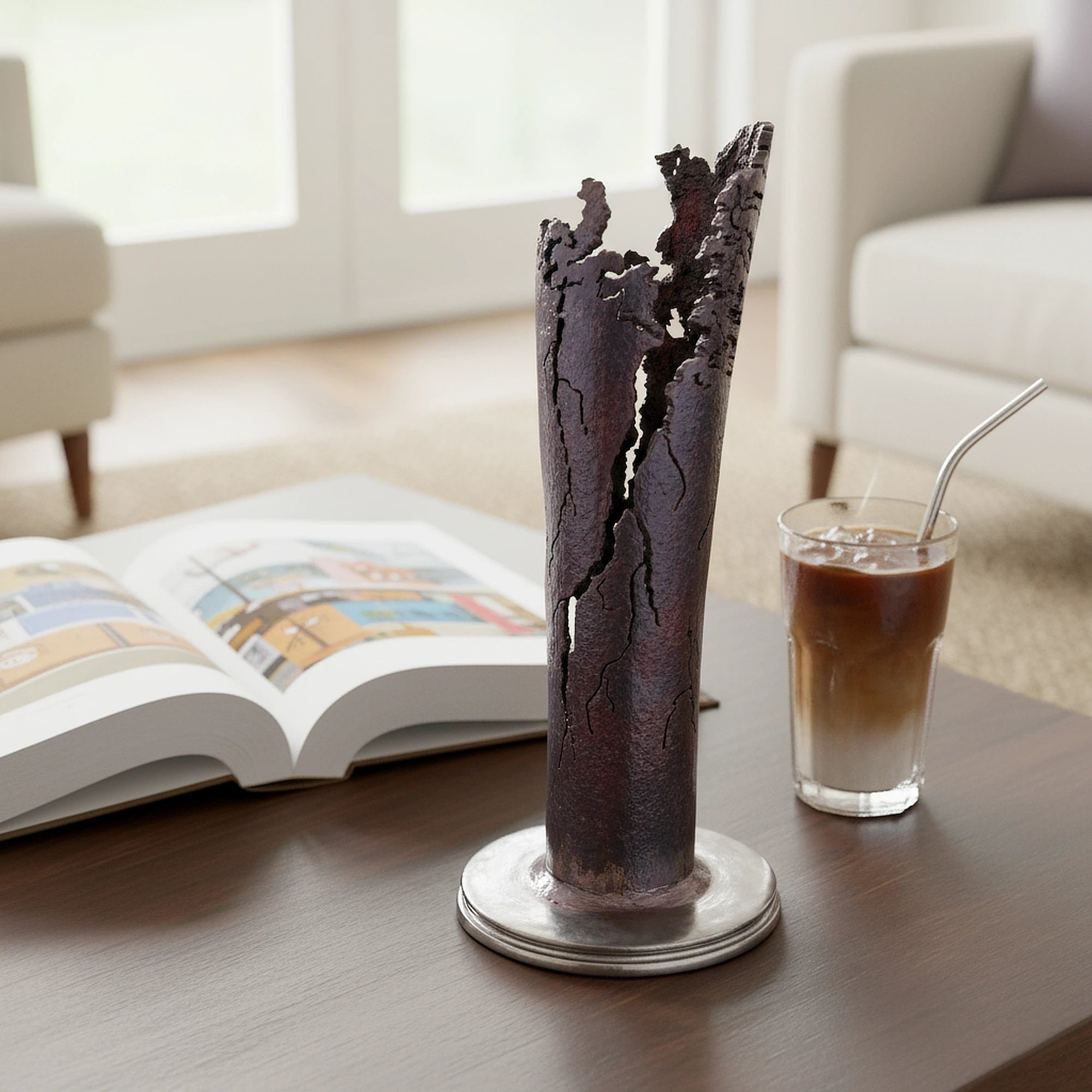 Original sculpture titled "Vintage" by Marc Staples on a table next to a glass of iced coffee and a book.