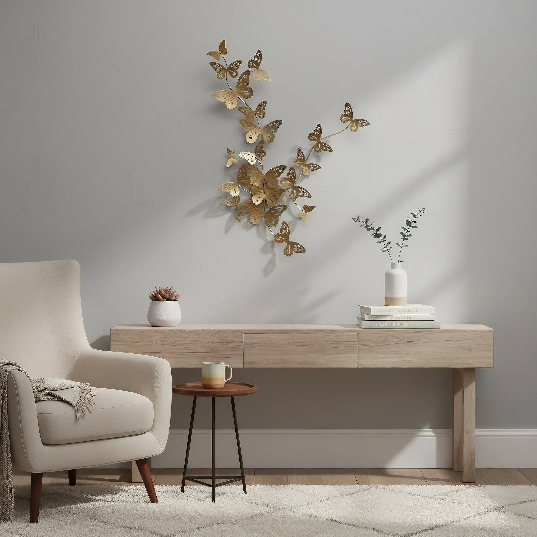 Gold metallic contemporary butterfly wall sculpture made of steel and displayed in a sophisticated living space.