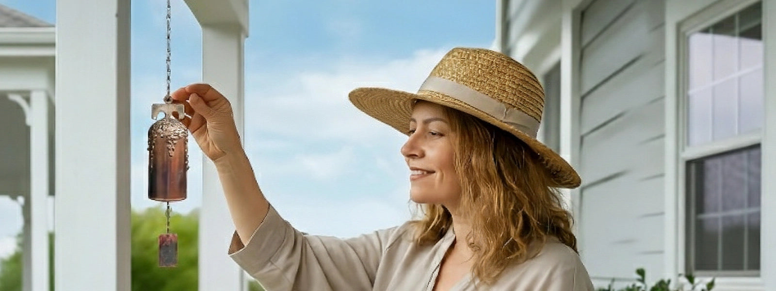 Young woman admiring a Lago Luna Mission Bell on a porch.