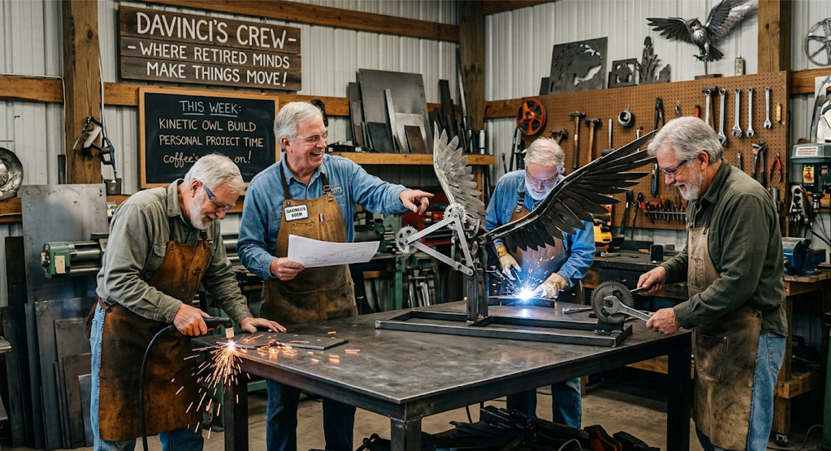 DaVinci’s Crew members cutting metal, welding, and assembling a kinetic owl sculpture on a workshop table at Lago Luna Metal Art Studio.