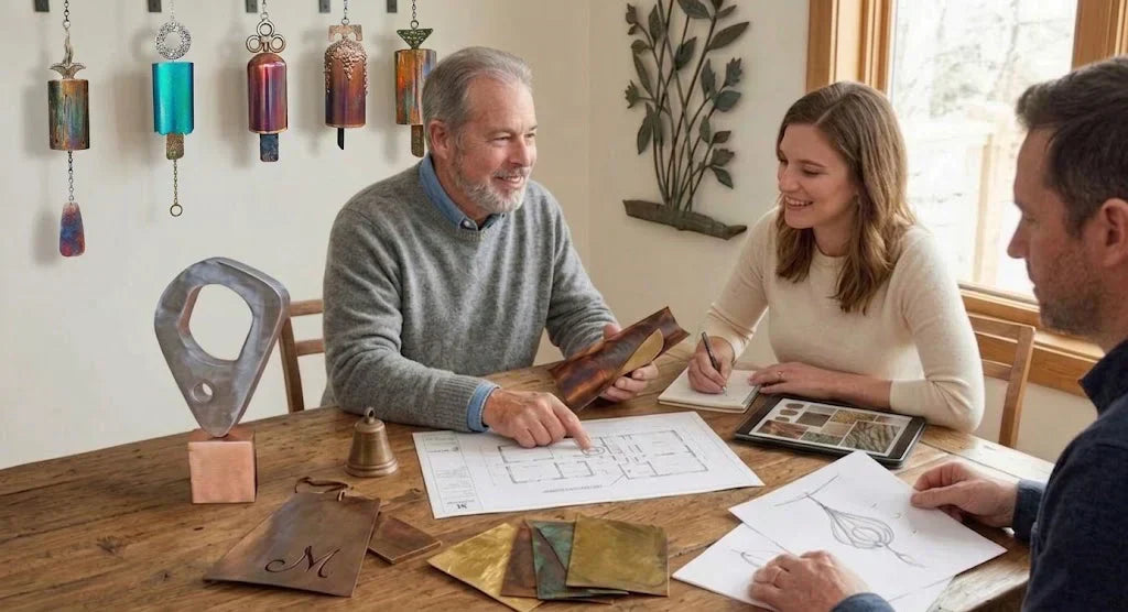Handcrafted metal art consultation with artist Marc Staples. Interior design professionals reviewing custom patina samples and architectural blueprints for a bespoke fine art commission at Lago Luna Studio.