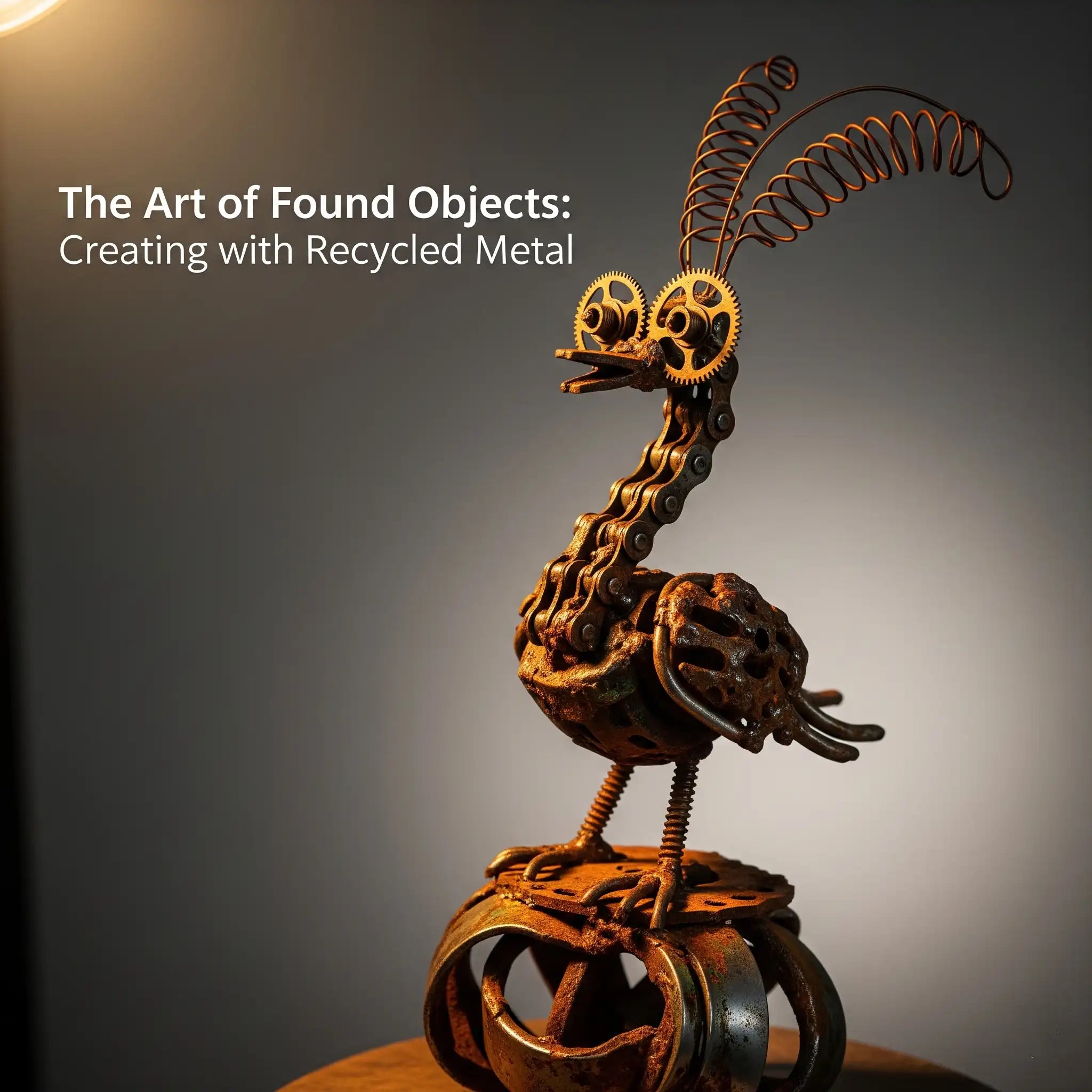 A whimsical bird sculpture crafted from rusty, found metal objects, featuring a bicycle chain neck, gear eyes, and coiled spring feathers, illuminated from above.