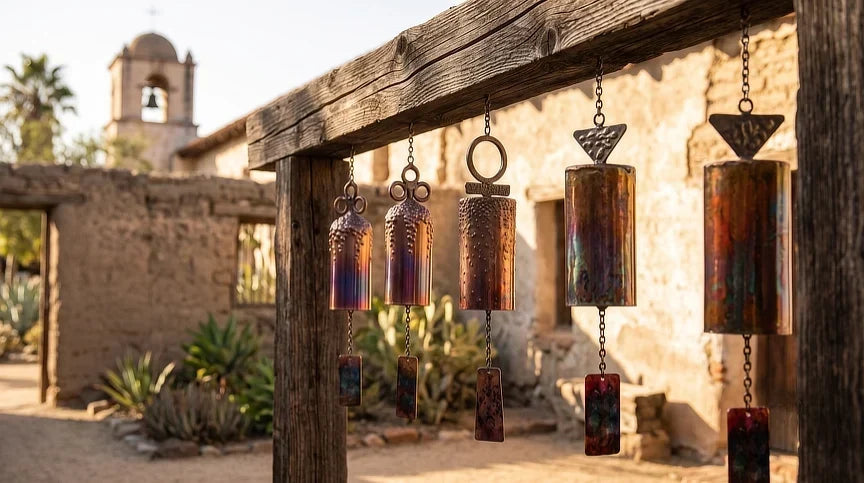 Hand-forged Lago Luna Mission Windbells with organic patinas hanging in a historic Spanish mission courtyard