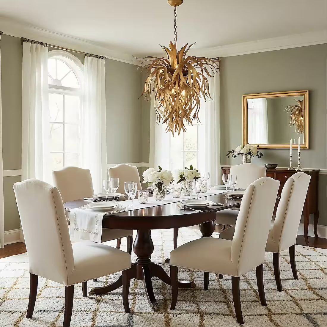 Platycerium. A large, sculptural chandelier made of hand-forged metal shaped like staghorn fern fronds, hanging from a chain in a luxurious dining room.
