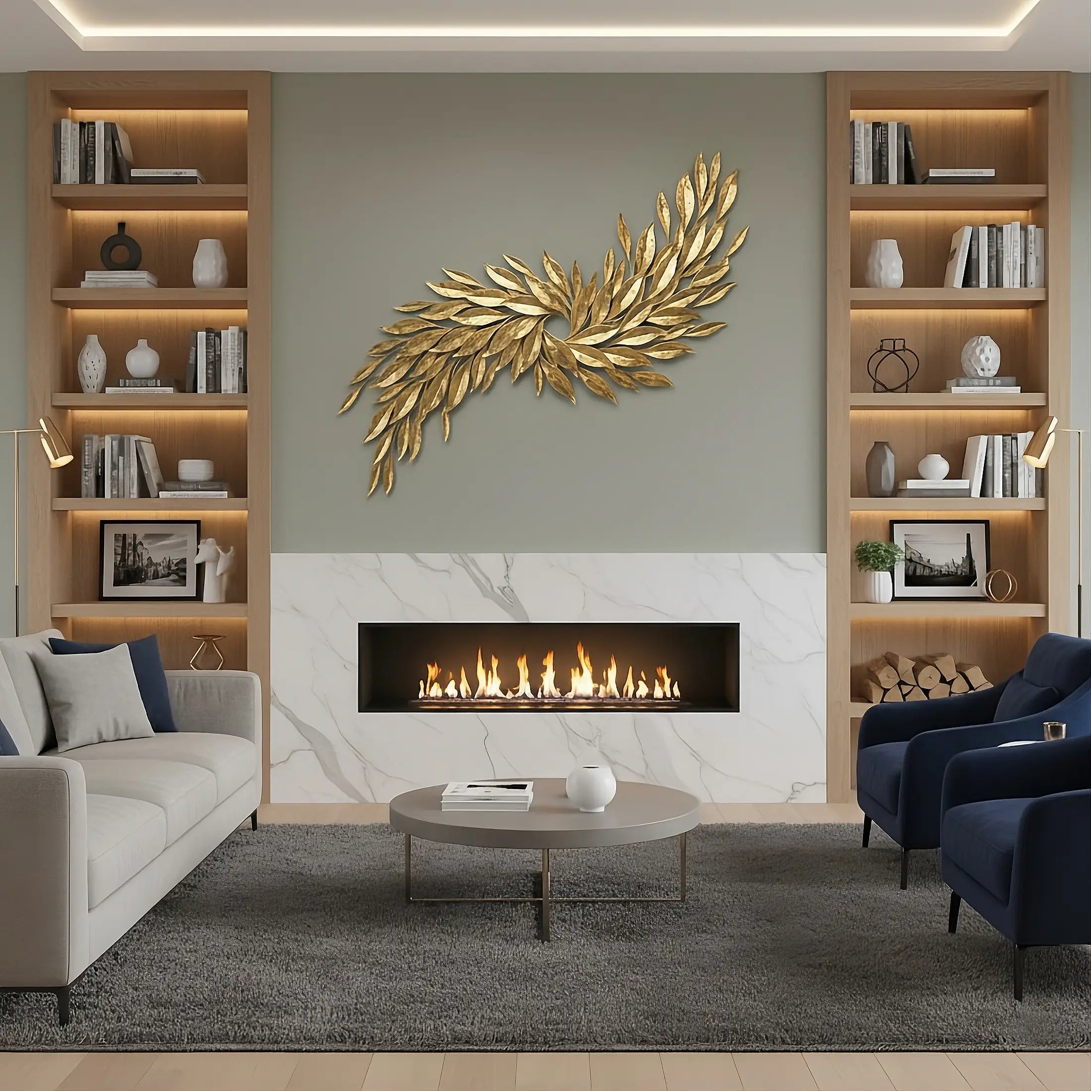 A metal wall sculpture depicting a sweeping array of golden tobacco leaves from the Lago Luna Metal Art Studio