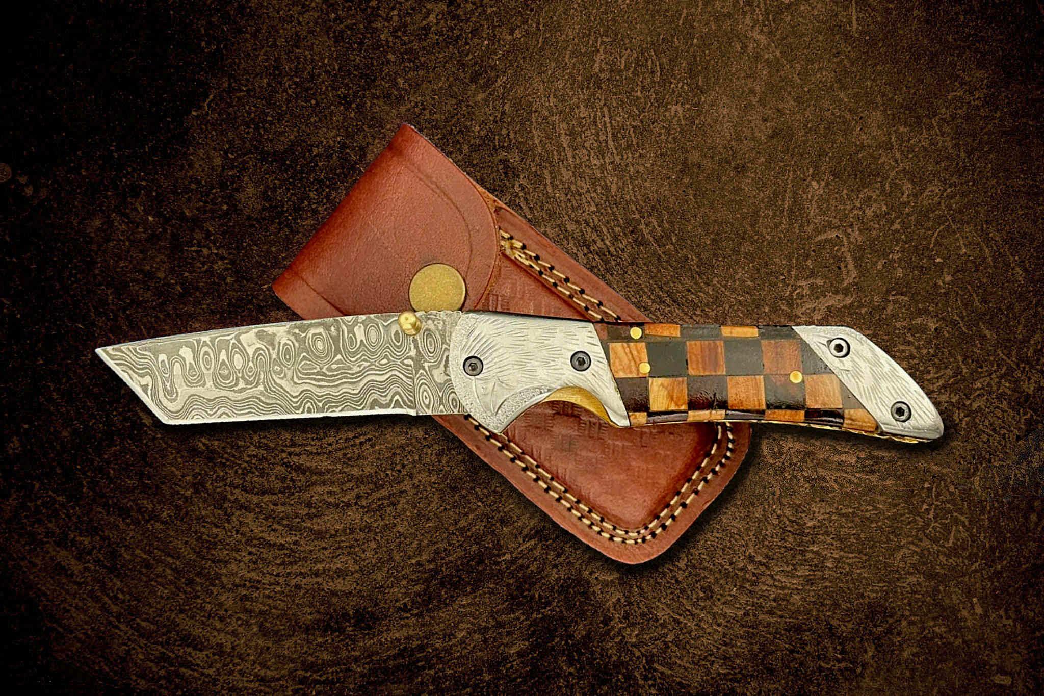 American Eagle Damascus Folding Knife with Checkered Wood Handle