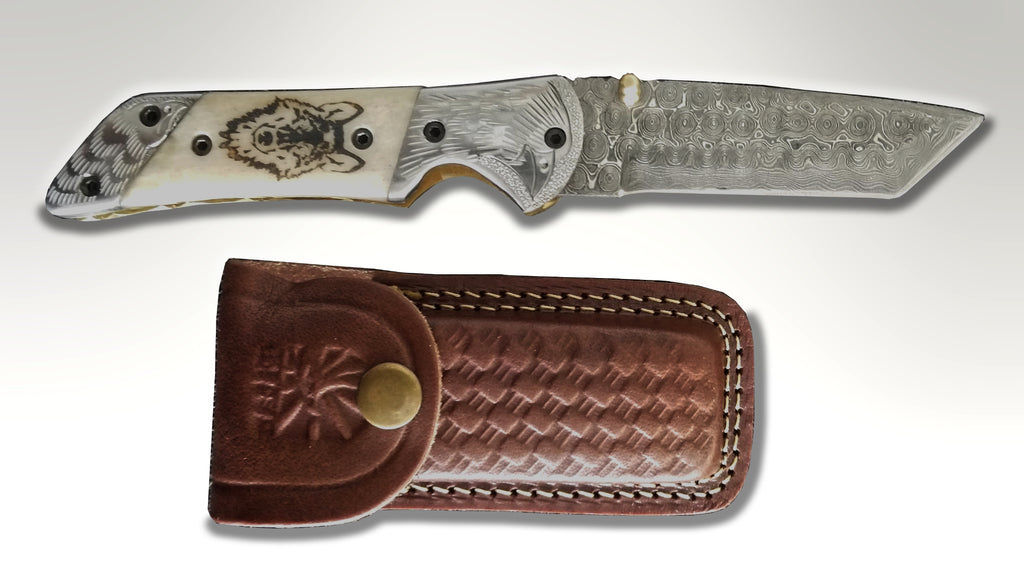 Damascus Folding Knife with American Eagle and Wolf Engravings