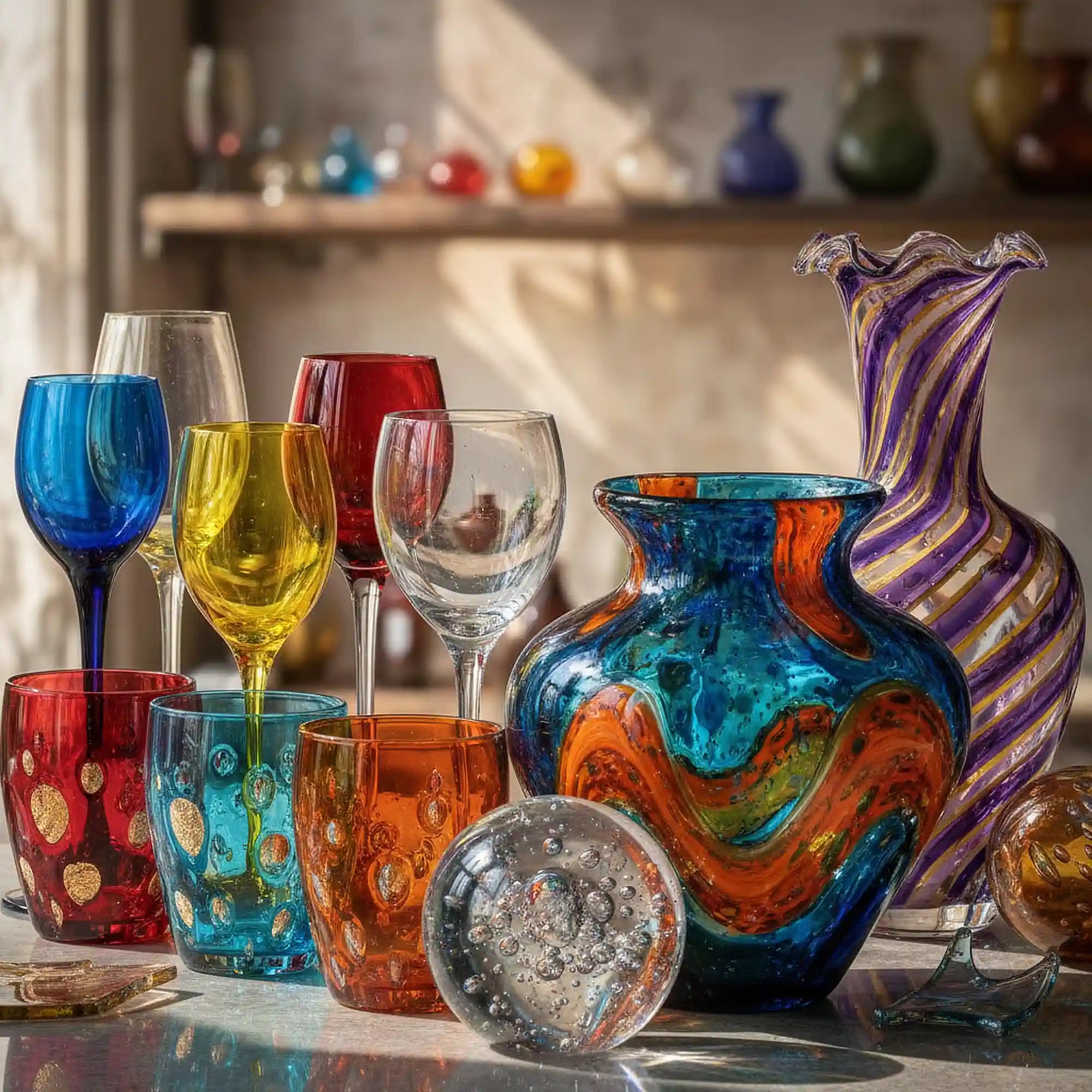 Colorful glassware including vases and wine glasses.