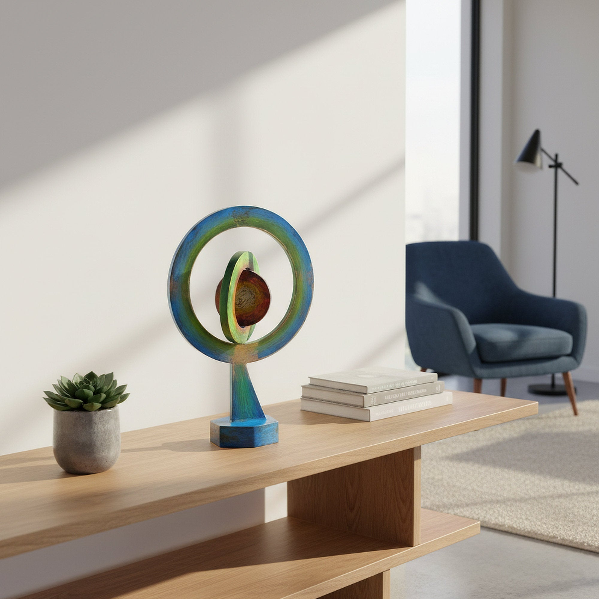 Abstract sculpture titled "Colours" created  by Marc Staples, displayed on a wooden table in a modern living room