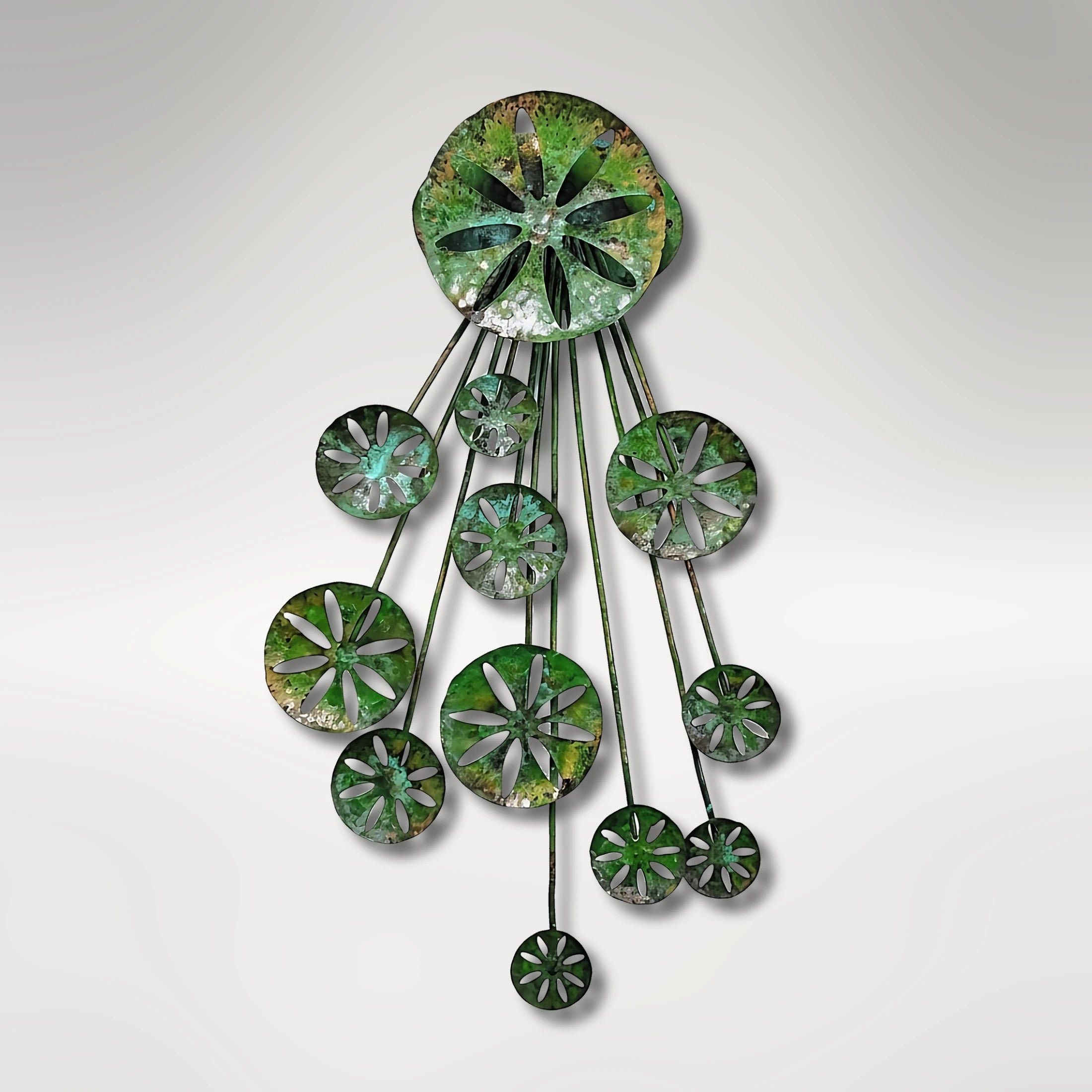 Decorative wall art made of copper and titled Copper Shillings. 