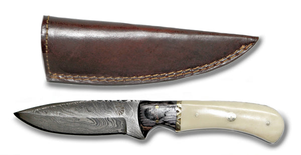 Damascus Steel Camping Knife with Camel Bone and Dymondwood Handle