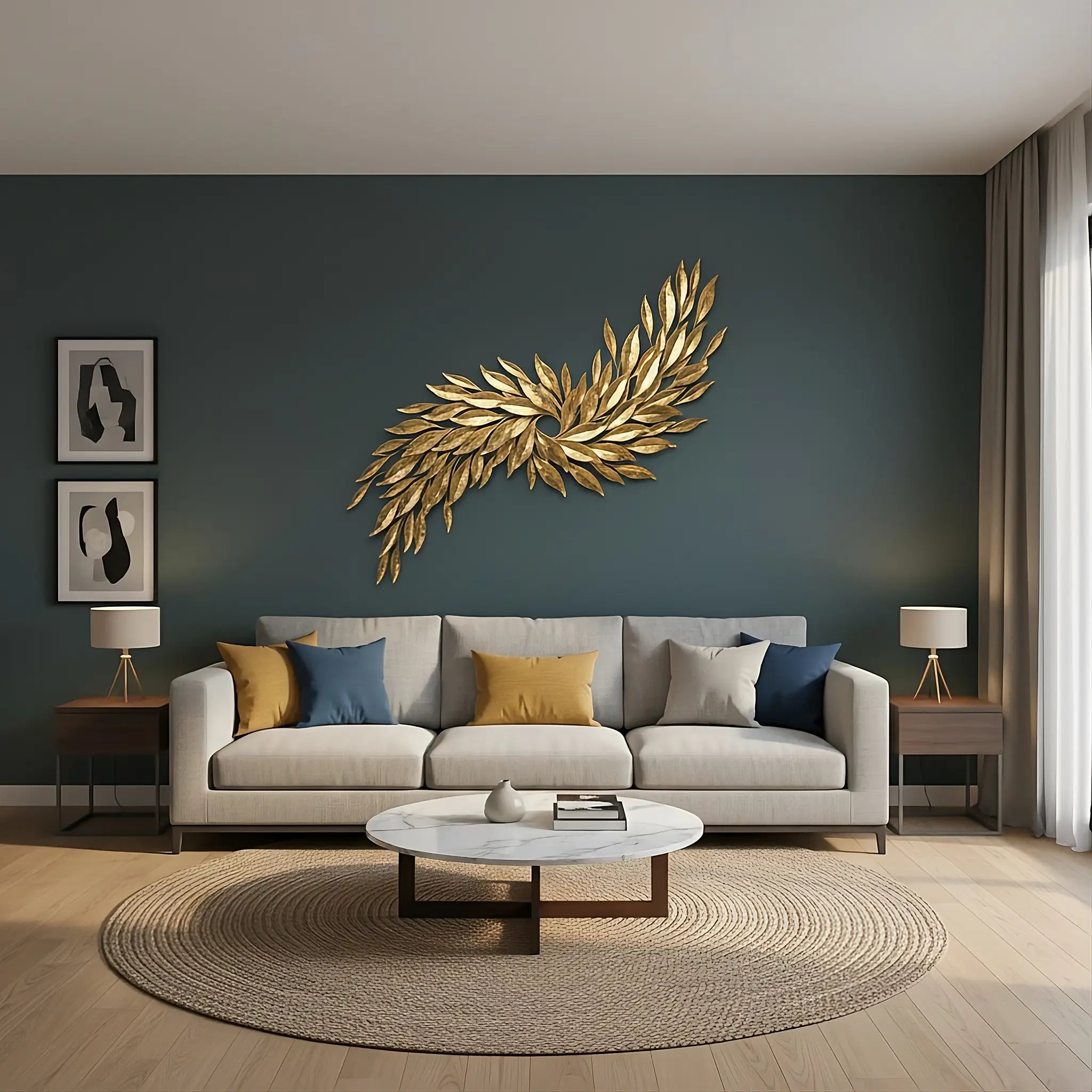 Hand-hammered Golden Fiesta wall sculpture by Marc Staples mounted on a dark teal wall above a neutral sofa, flanked by two side tables with lamps.