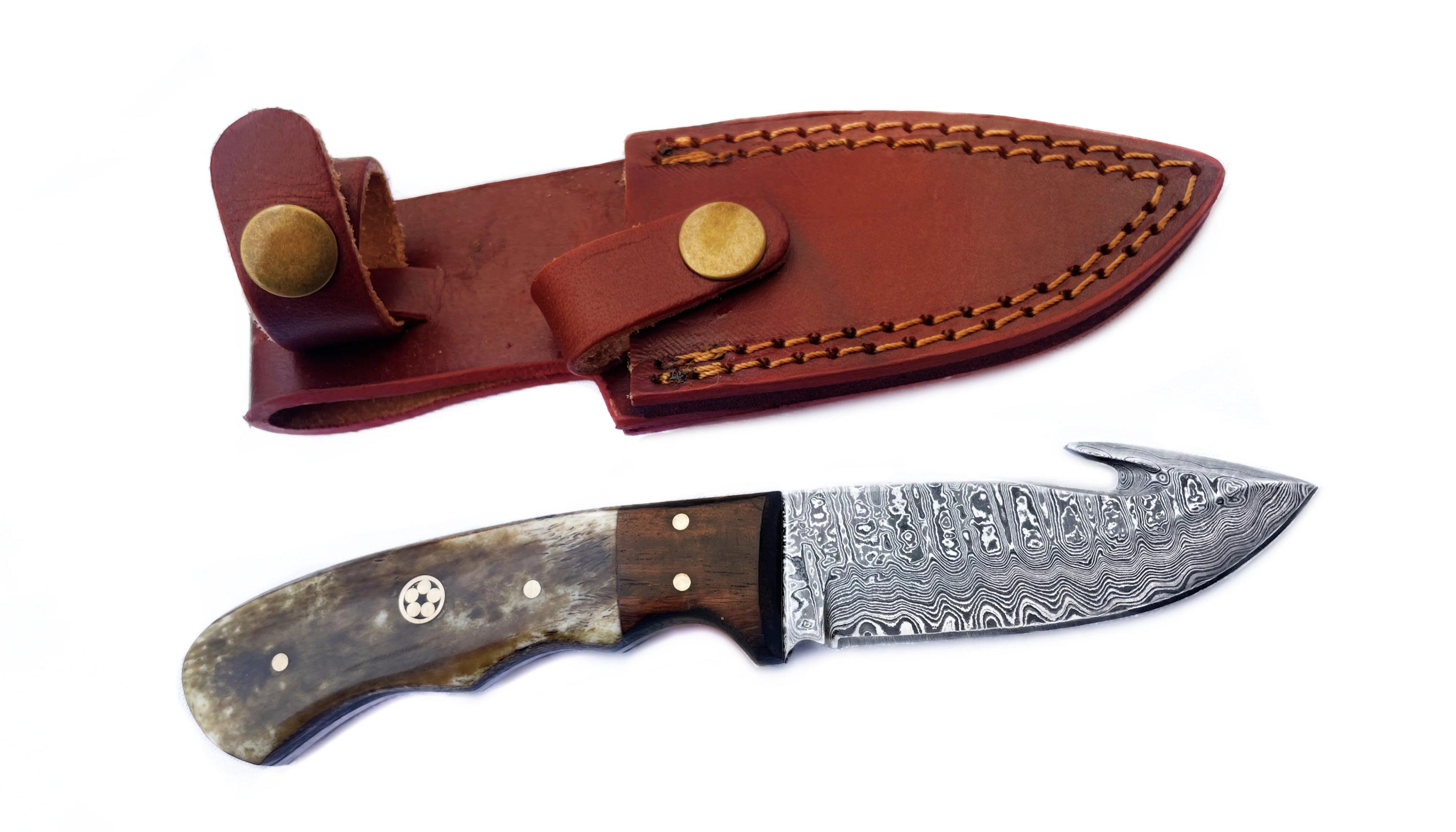 Damascus Steel Hunting Knife with Gut Hook.