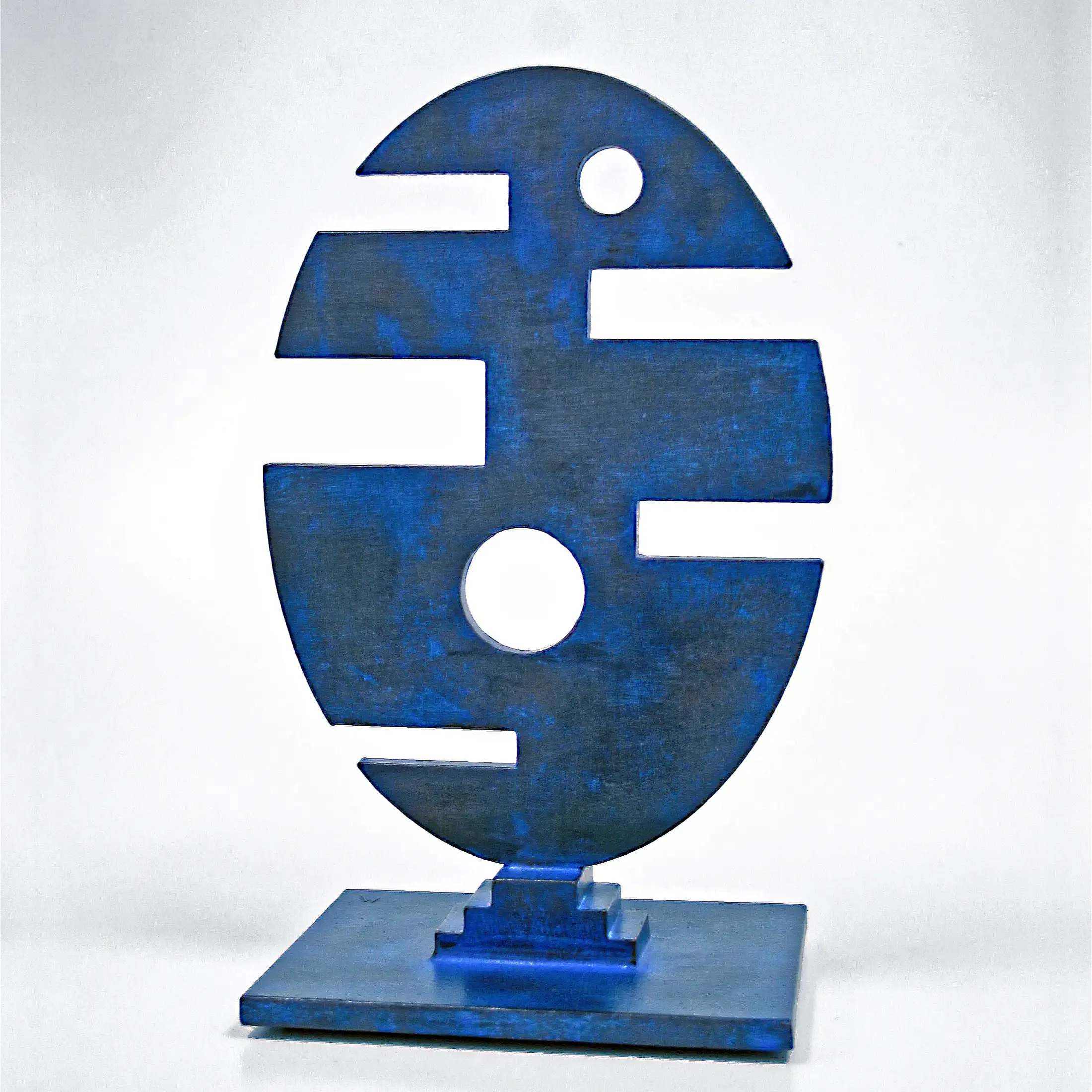 Abstract steel sculpture that has been bronzed with a brilliant powder-blue patina.
