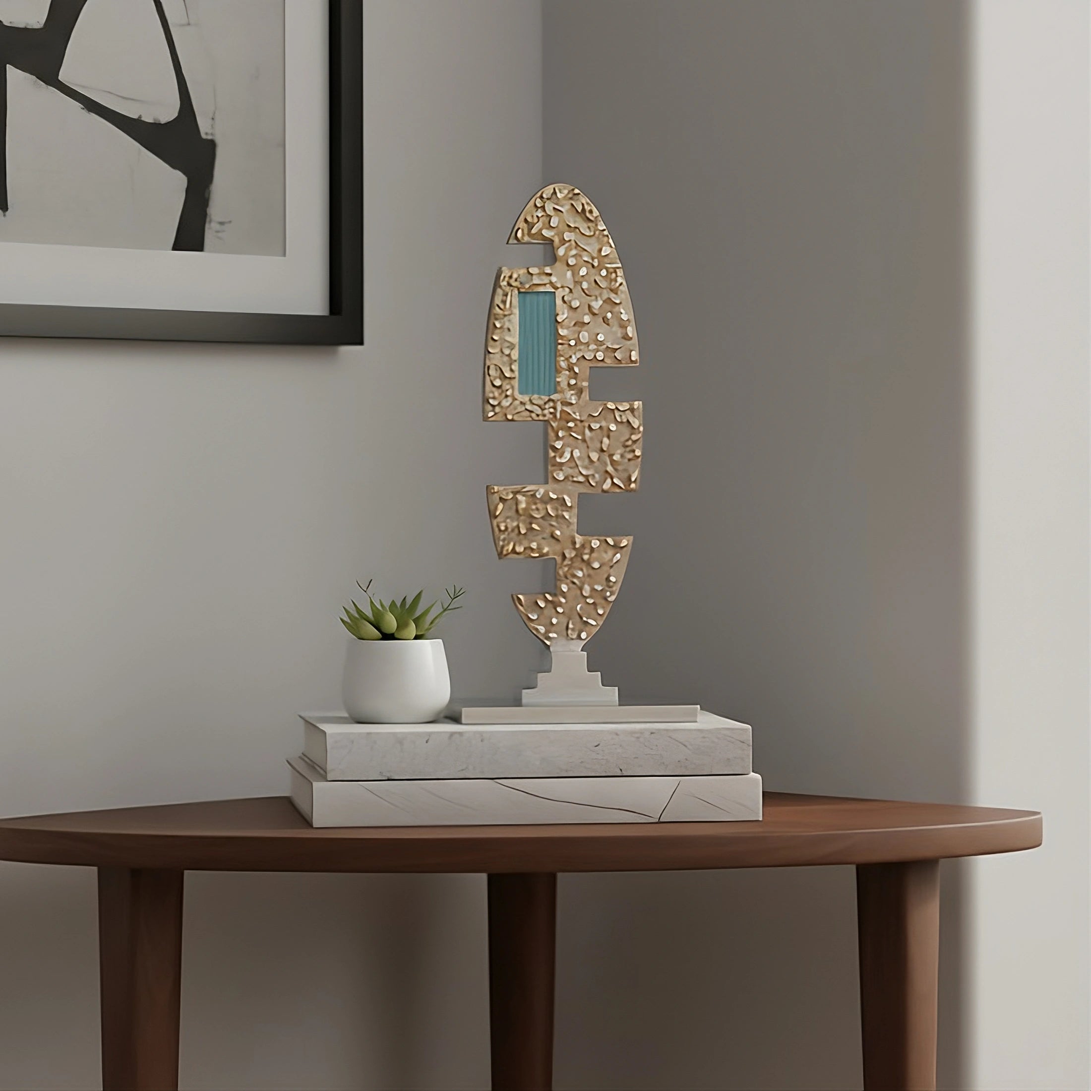 Matrix. A mixed-media sculpture displayed  on a corner table with a neutral background