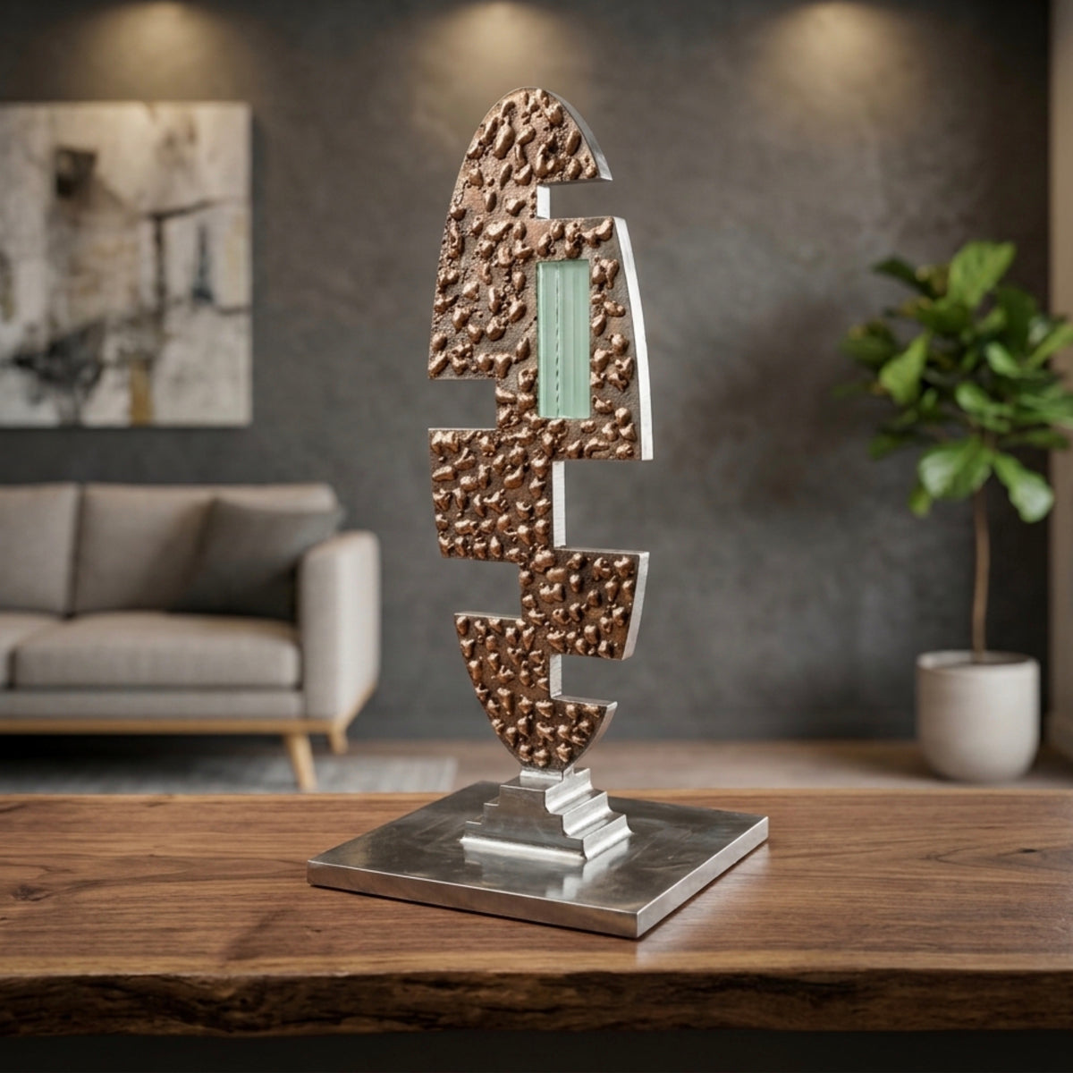A geometric sculpture titled "Matrix," made of polished steel with bronze, textured accents. The sculpture consists of a stack of interlocking abstract shapes and cutouts on a square metal base. It features a rectangular, mint green glass window near the top and is displayed on a wooden table in a living room.
