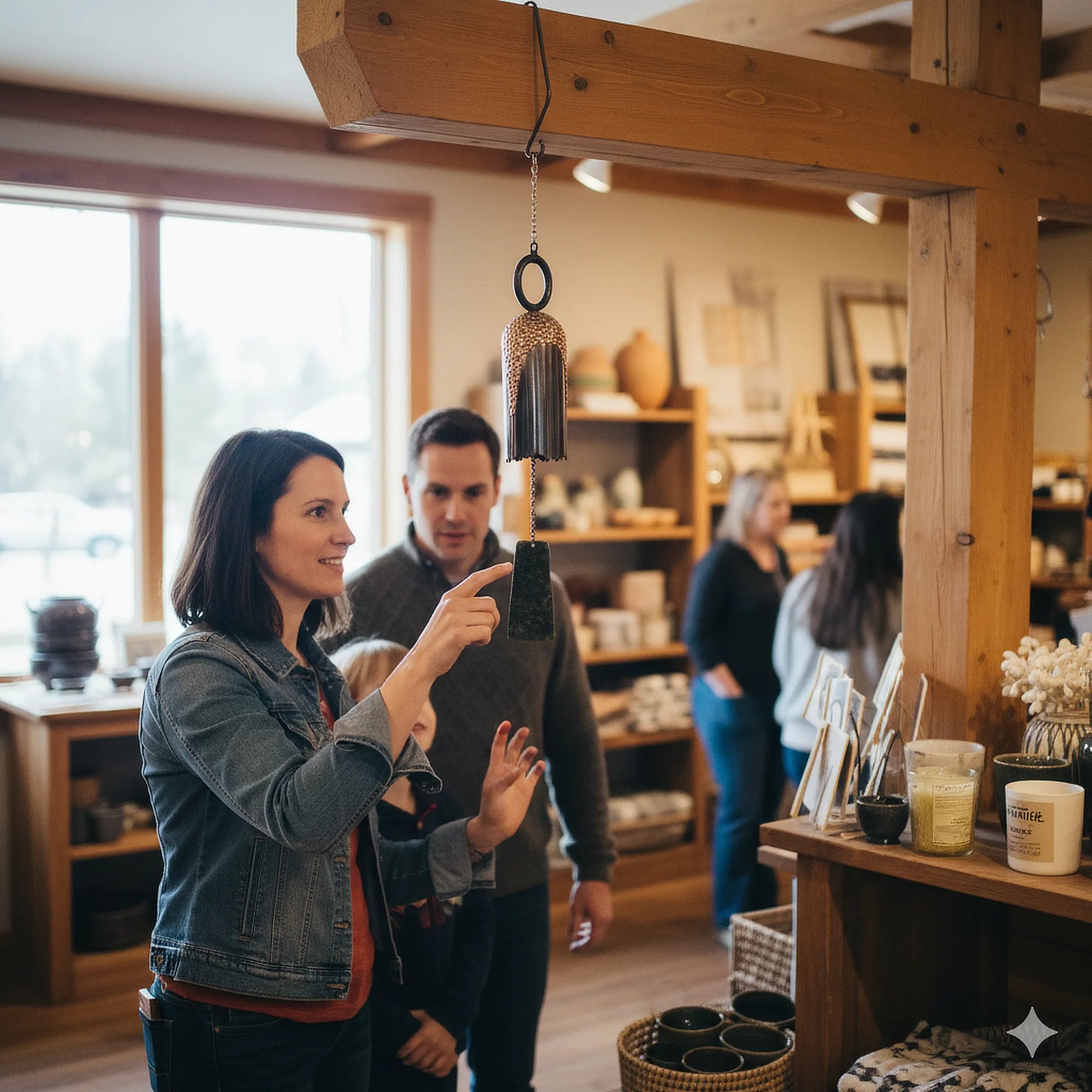 Shoppers choosing their favorite windchime