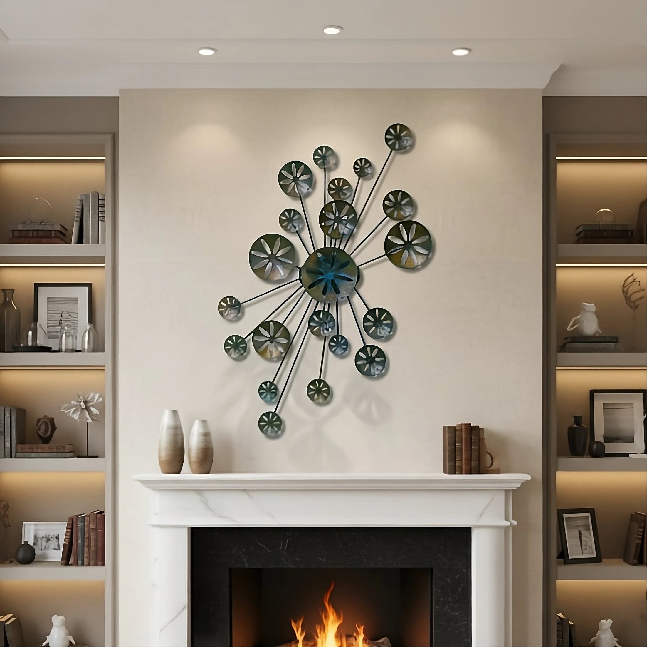 Abstract metal wall sculpture titled "Ocean Echoes" featuring a central, starburst design with multiple radiating rods connecting to various-sized circular elements. The sculpture has a patina finish with shades of teal, bronze, and dark blue, giving the discs a sand dollar or sea urchin-like appearance. The texture is rough and metallic, giving a dynamic, mid-century modern feel.