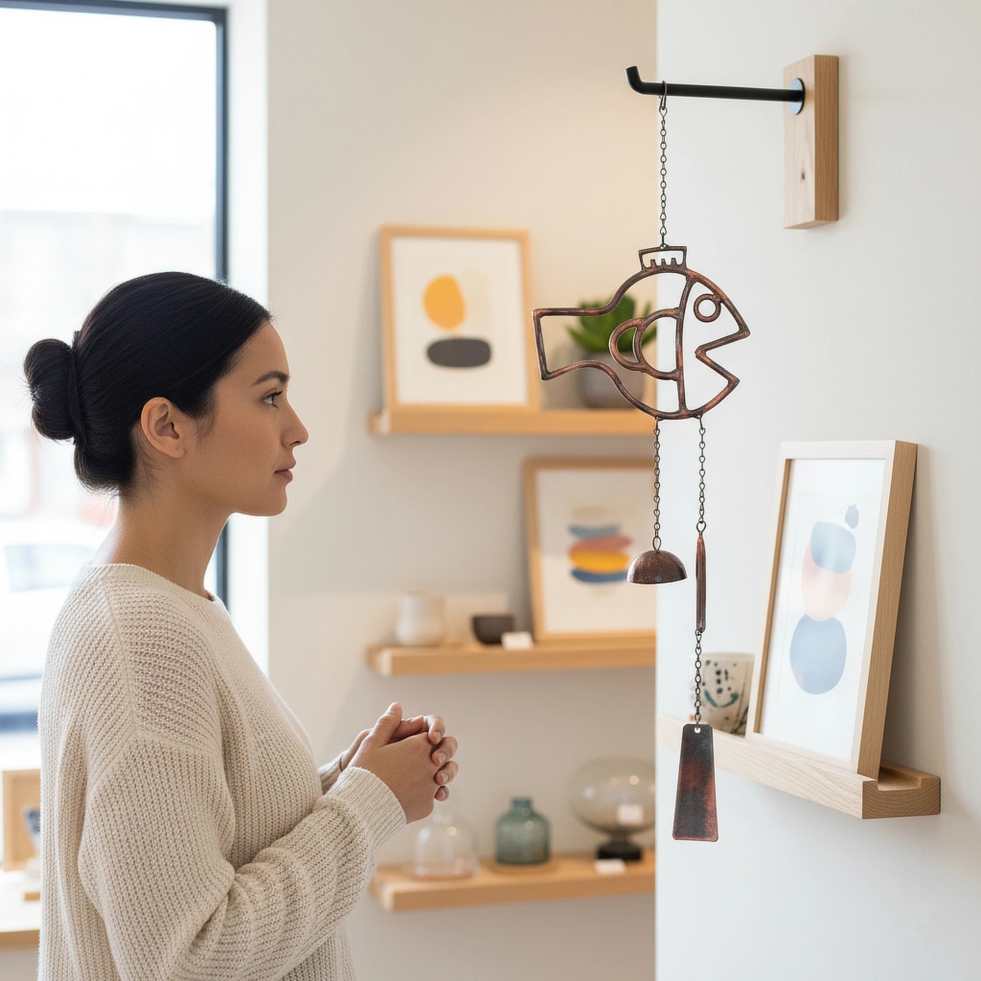 Fish-themed handmade windchime displayed in a gift shop. 