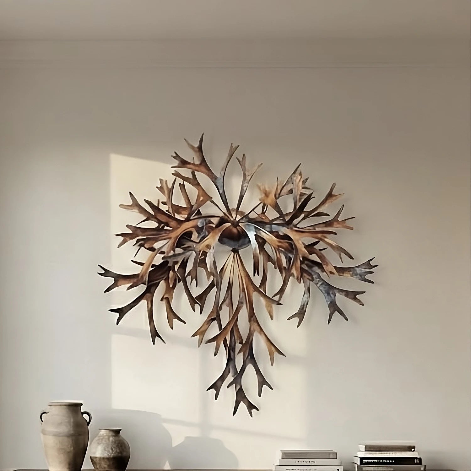 A 30-inch metal wall sculpture titled Radial Flora by Marc Staples, featuring textured, antler-like fronds radiating from a central sphere in a biomorphic staghorn fern design.