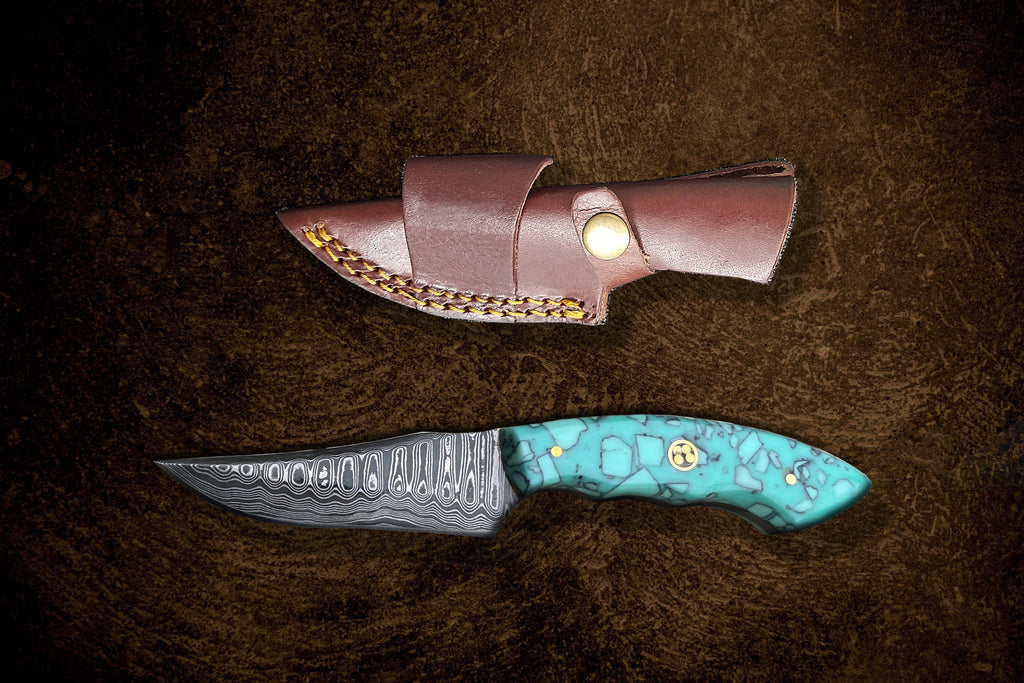 Damascus Steel Hunting Knife with Micarta Turquoise Handle