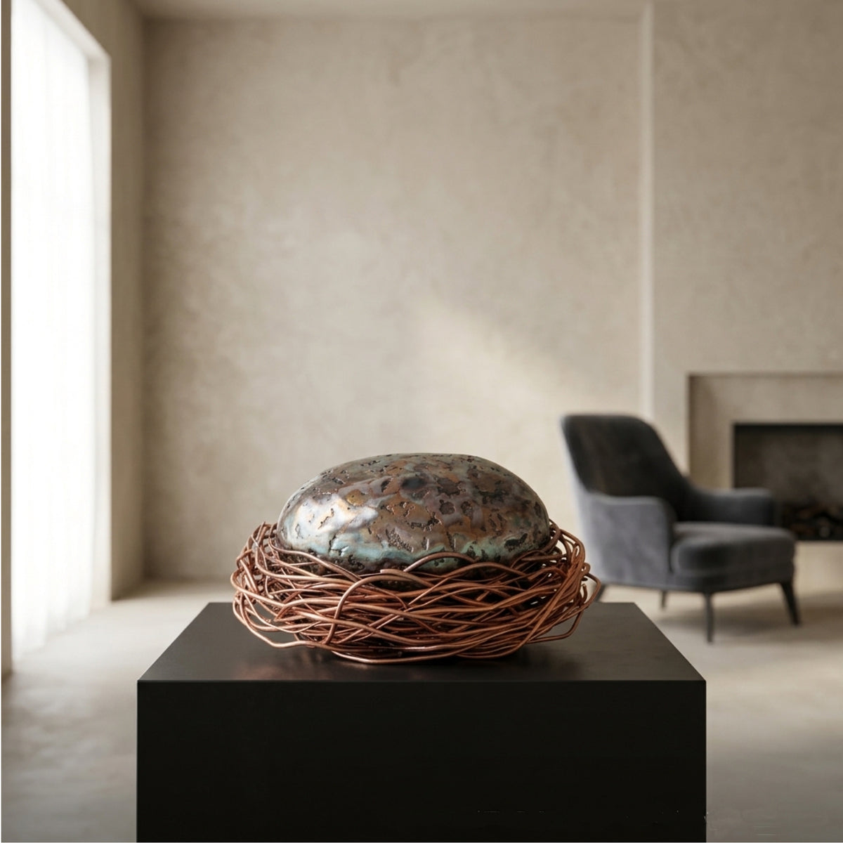 The Egg Sculpture in a gallery setting. 