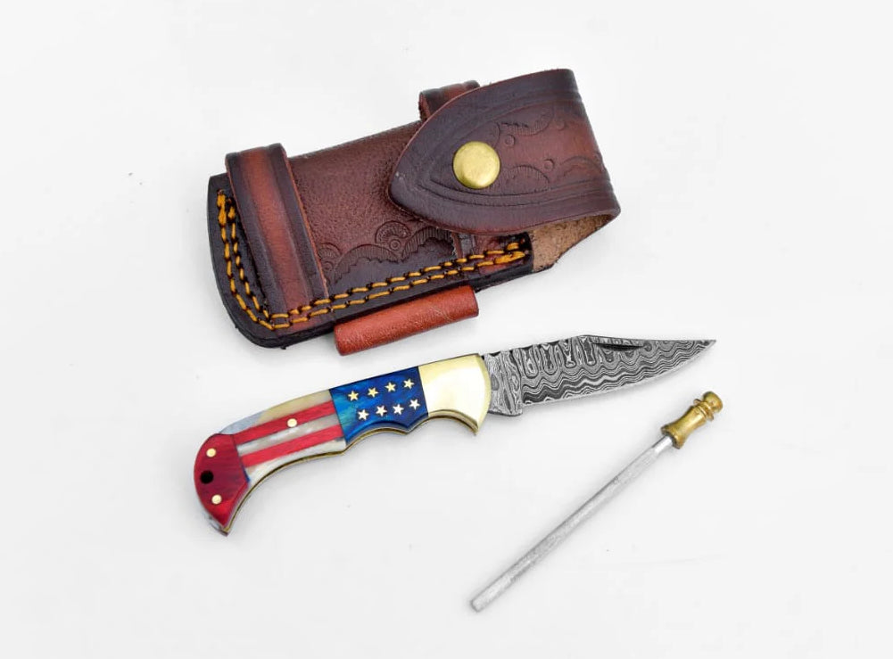 Patriot Handle Damascus Steel Pocket Knife