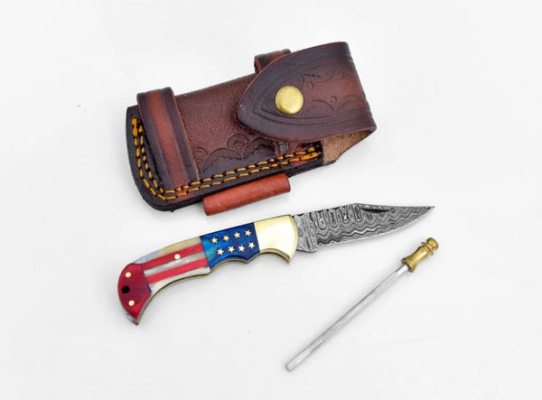 Patriot Handle Damascus Steel Pocket Knife