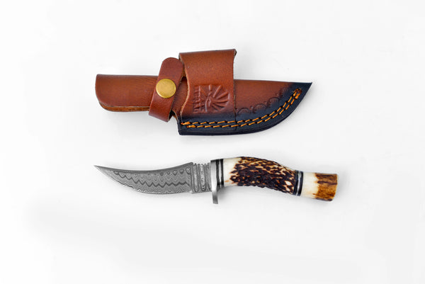 Staghorn Handle Damascus Steel Hunting Knife