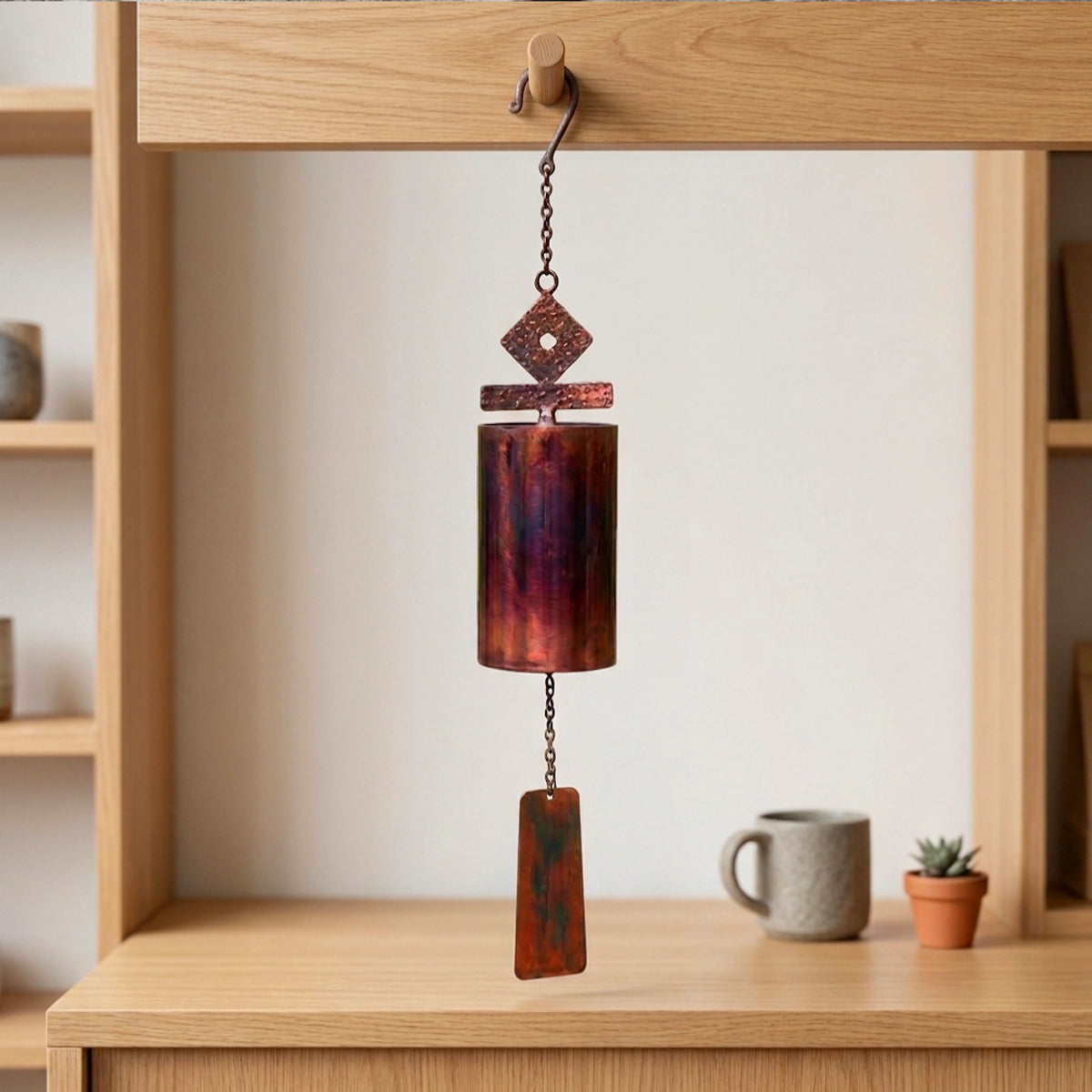 Handcrafted copper windbell hanging from a wooden shelf above a desk with a coffee mug and small potted plant.