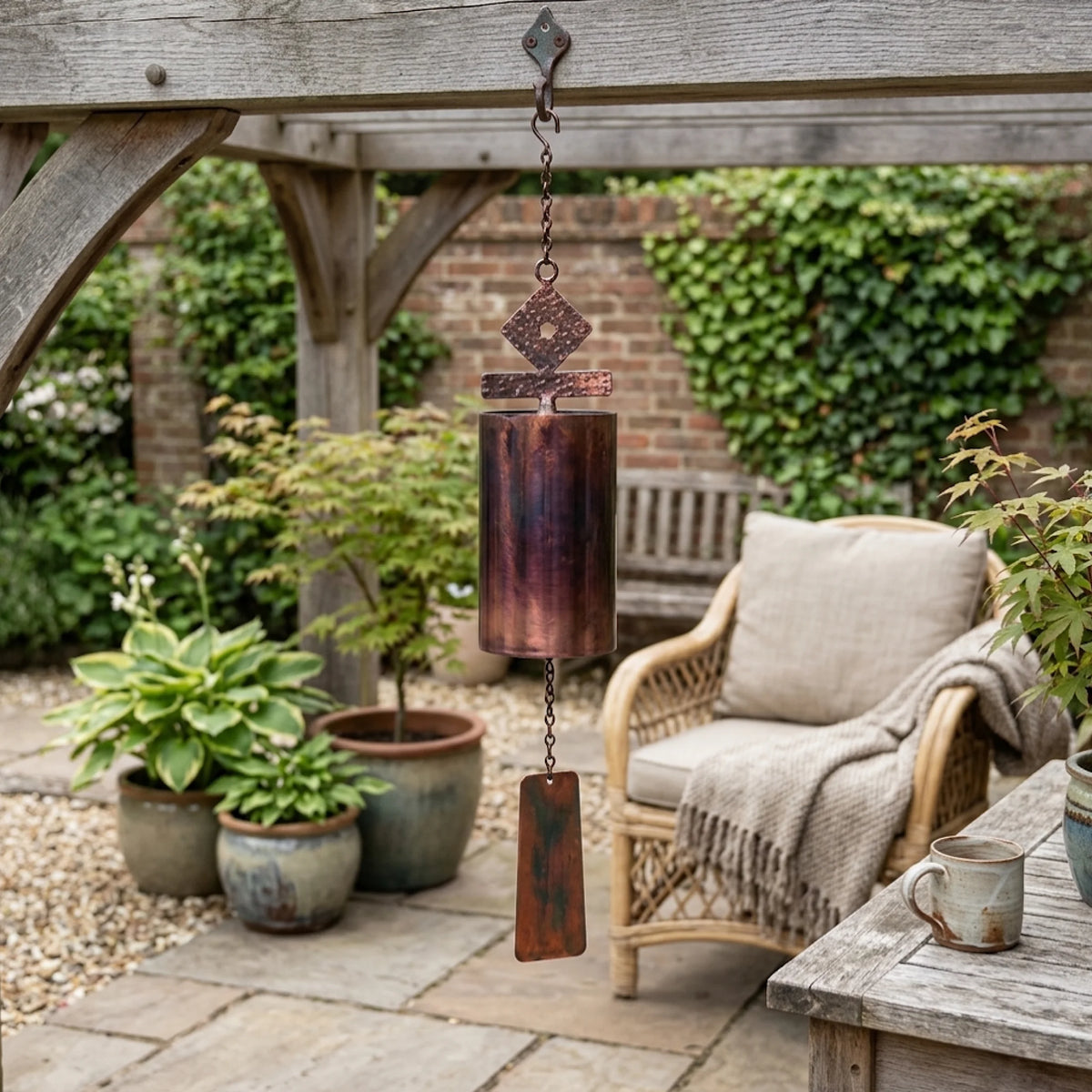 A handmade copper windbell hangs from a wooden pergola in a lush patio setting.