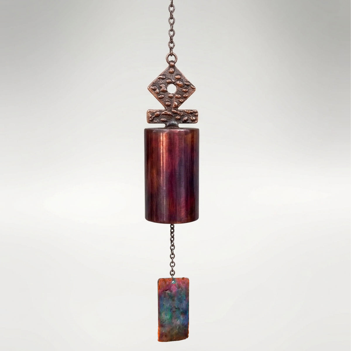 26-inch San Miguel Mission Bell by Marc Staples: A hand-forged steel acoustic sculpture with a rustic torched-copper patina, inspired by the 1605 Santa Fe mission church.